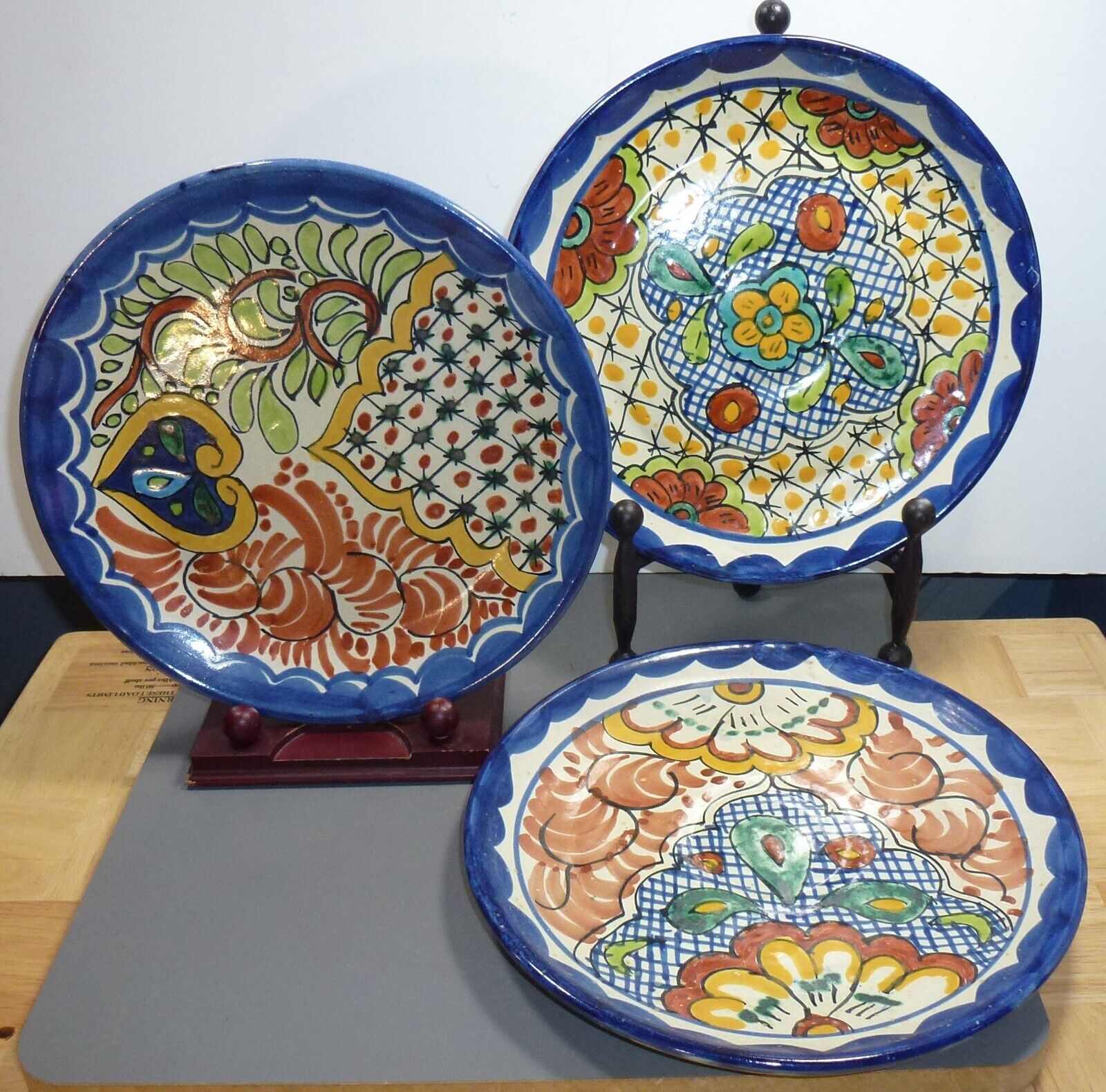3 Vintage Talavera Mexican Pottery Art Plates, Onofre HDEZ, Colorful Designs 10\