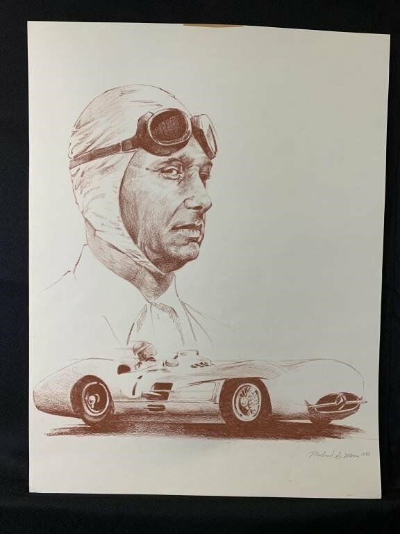 Original sketch of JUAN MANUEL FANGIO - BY Michael S Moore Signed by artist 1993