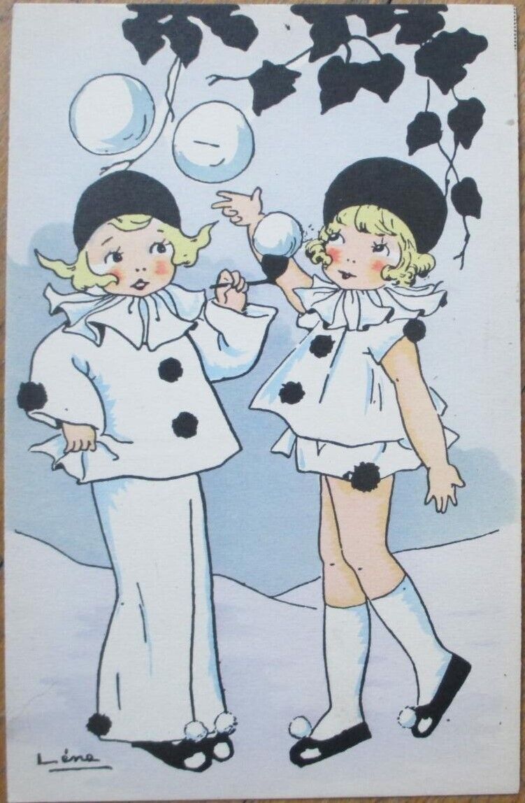 Art Deco 1920s French Postcard, Pierrot Clown Young Girls, Artist Signed