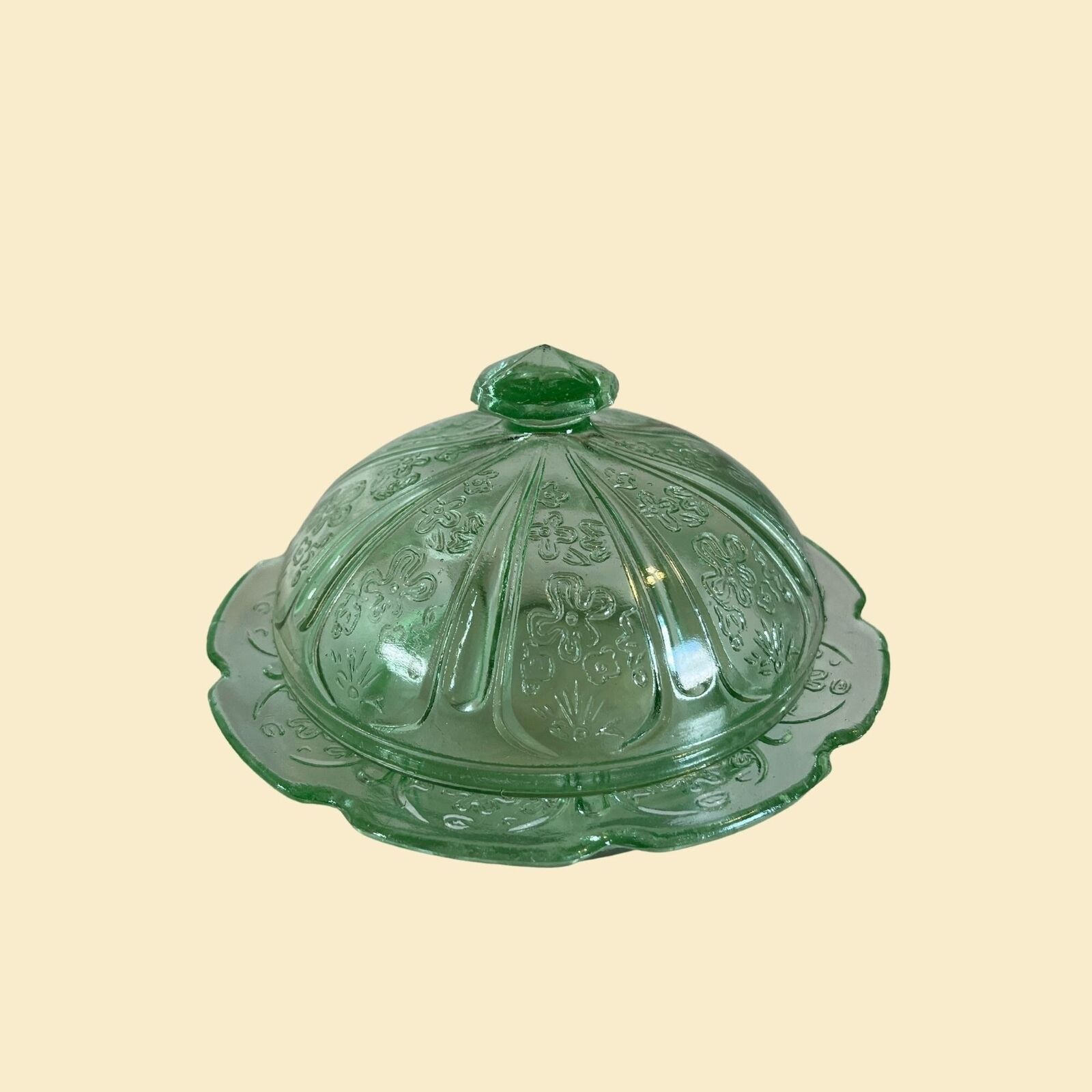 1940s green depression glass candy dish with lid, green dish w/ floral pattern