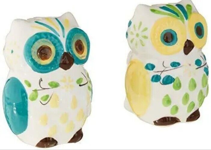 Owl Salt & Pepper Shakers Floral Hand-painted Ceramic by Boston Warehouse
