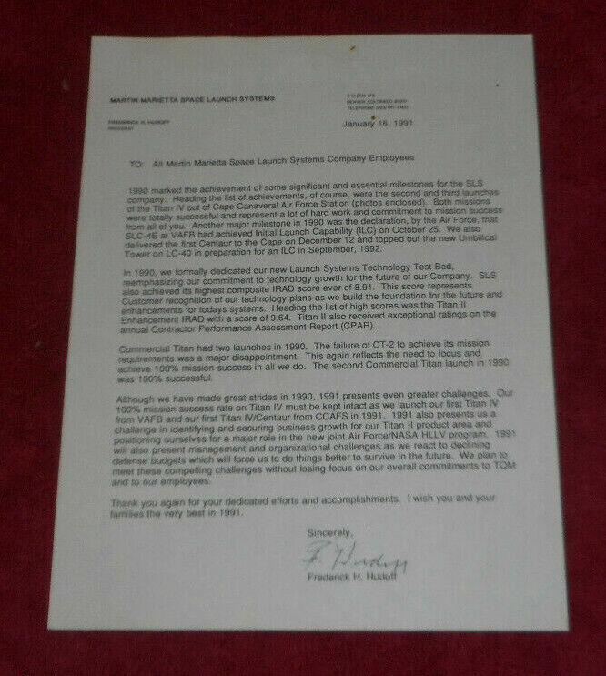 1991 Martin Marietta Space Launch Systems Letter To Employees 1990 Year Review
