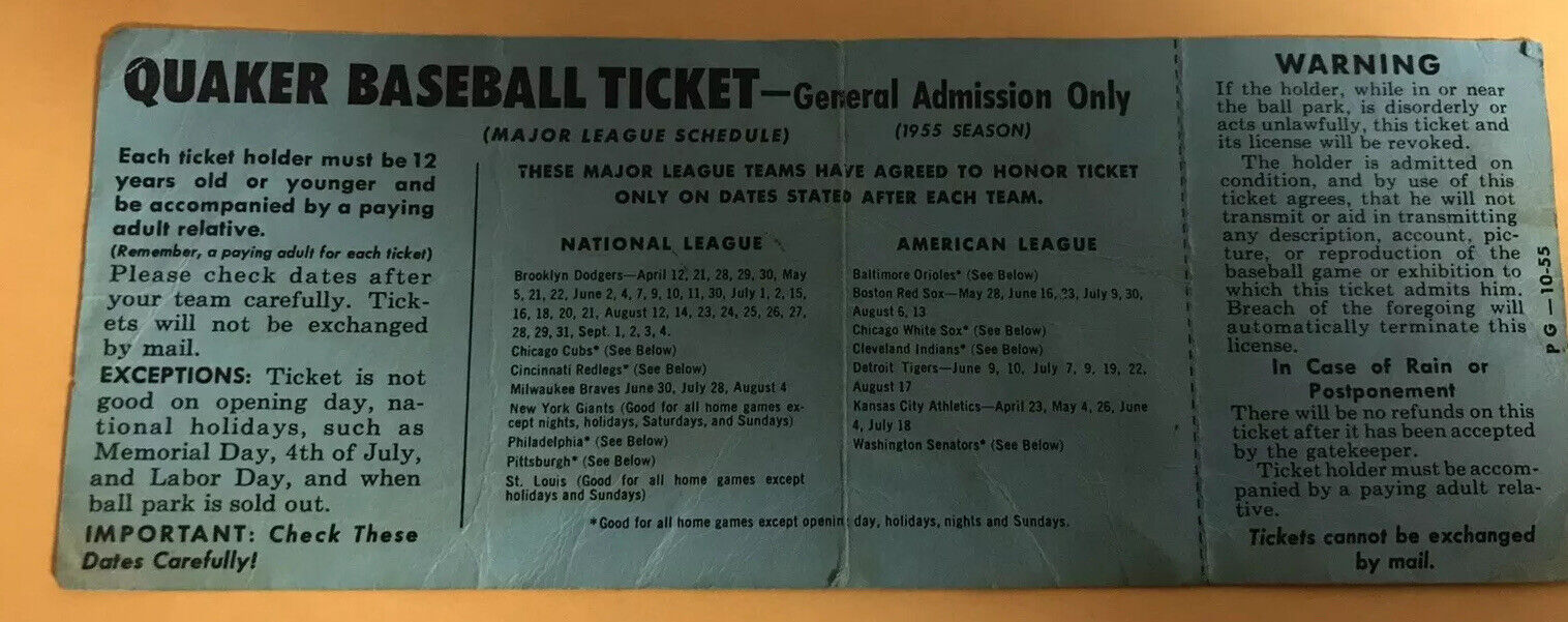 1955 Sandy Koufax 1st Win/Roberto Clemente 1st HR Quaker Ticket Pass Dodgers Ex