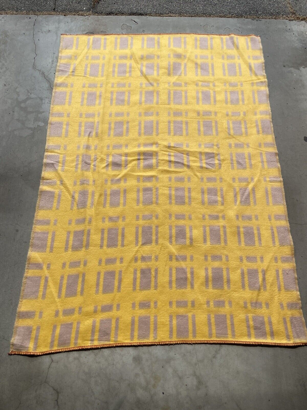 Vintage Polish Military Wool Blanket Yellow Grey Lubsko Old Stock Geometric