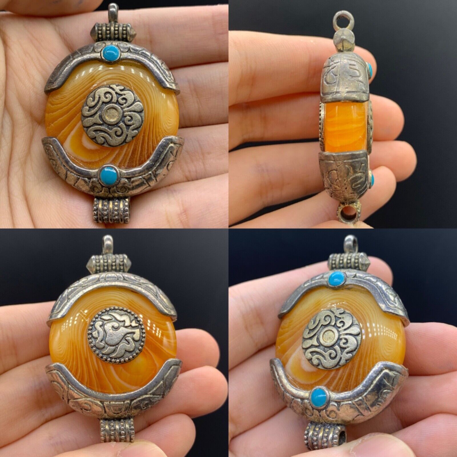 Very rare near eastern stone natural amber mix silver pendant