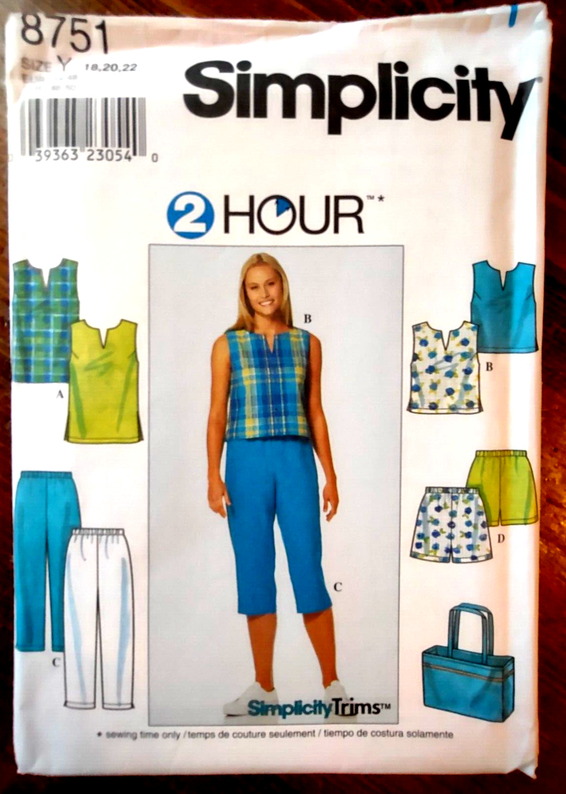 Simplicity 8751 Sz 18-22 Sewing Pattern UNCUT Top Pants Shorts Bag 1999 2-Hour
