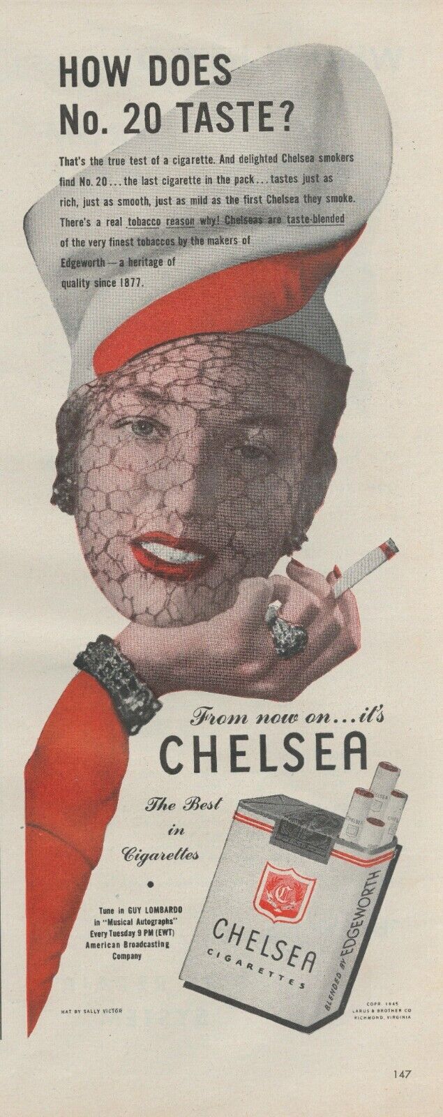 1945 Chelsea Cigarettes How Does No. 20 Taste Vintage Print Ad
