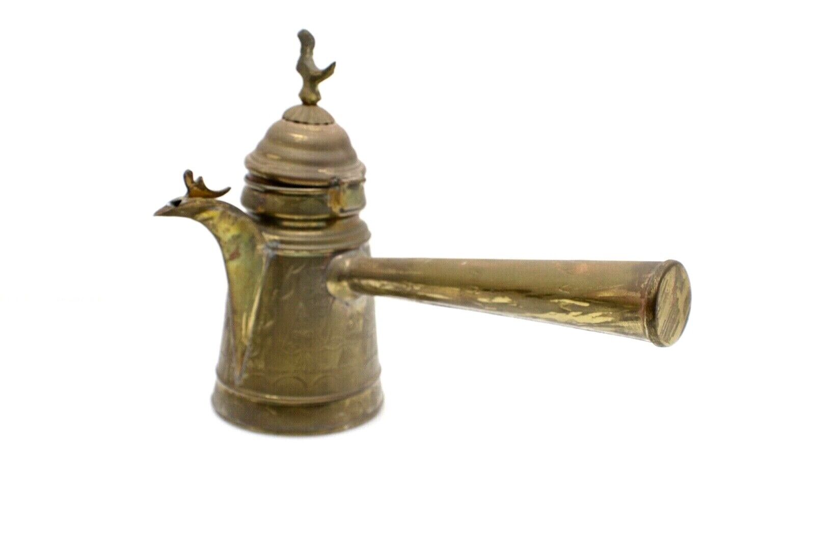 Vintage Brass Arabic/Turkish Dallah Coffee Pot Hinged Lid Bird Finial Long Handl