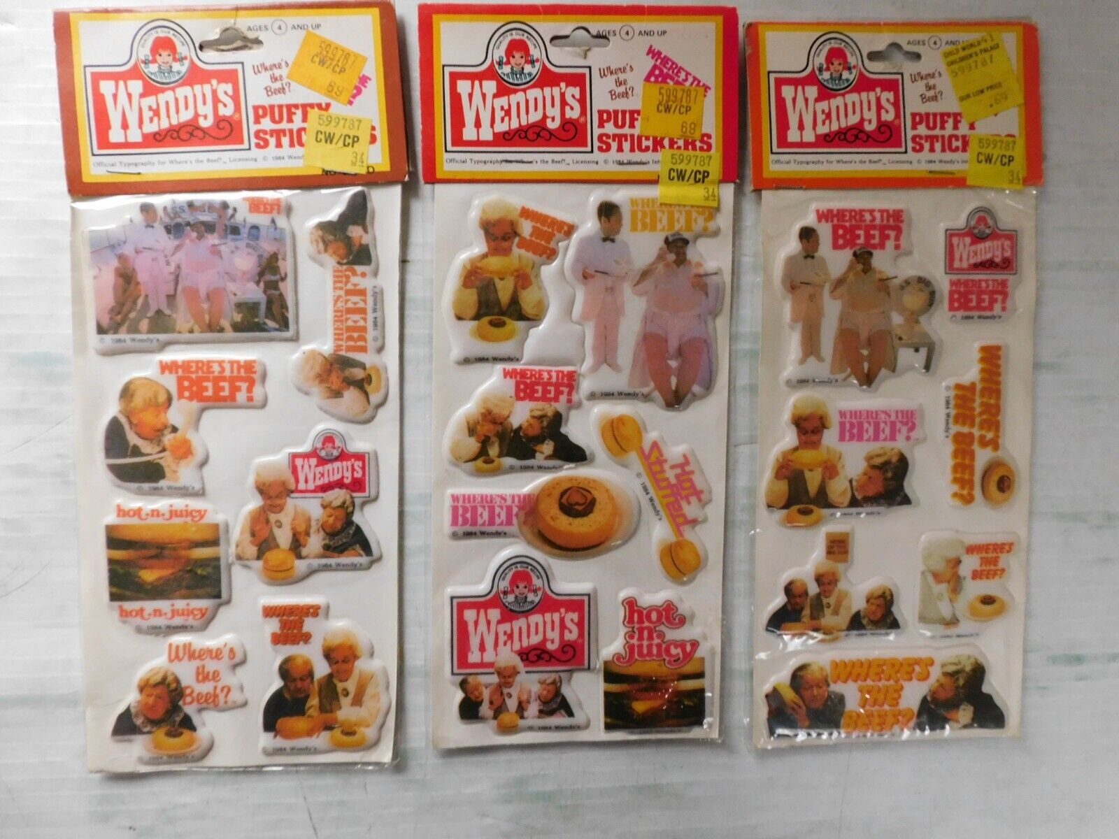 Wendys Puffy Stickers 3 sheets Wheres the Beef? 1984 new in packages