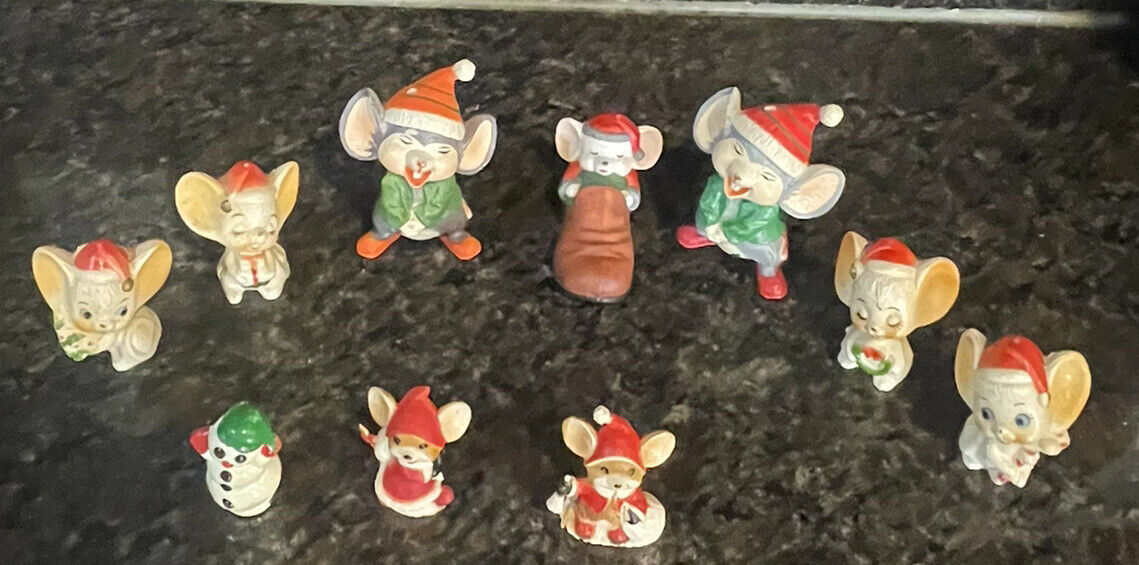 Vintage Lot of 9 Small Christmas Mice Mouse Figures & 1 Snowman ~ Plastic