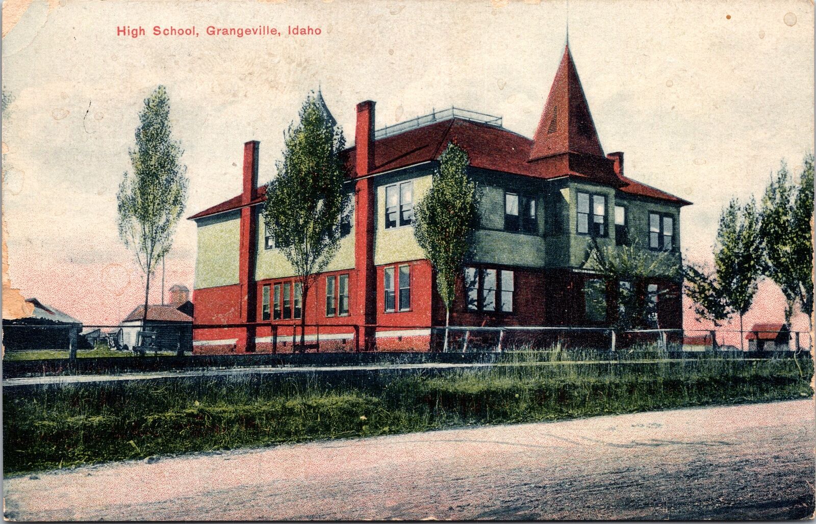 VINTAGE POSTCARD THE HIGH SCHOOL GRANGEVILLE IDAHO MAILED 1909 PRINTED GERMANY
