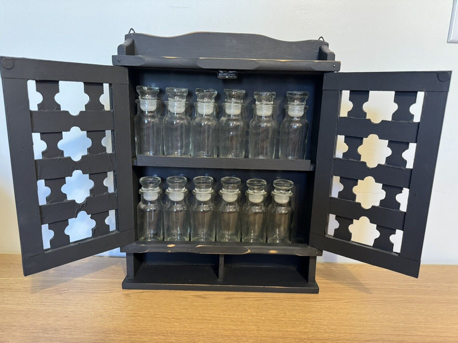 Vintage black Wooden Wall Hanging Spice Cabinet W/12 Glass Apothecary Spice Jars