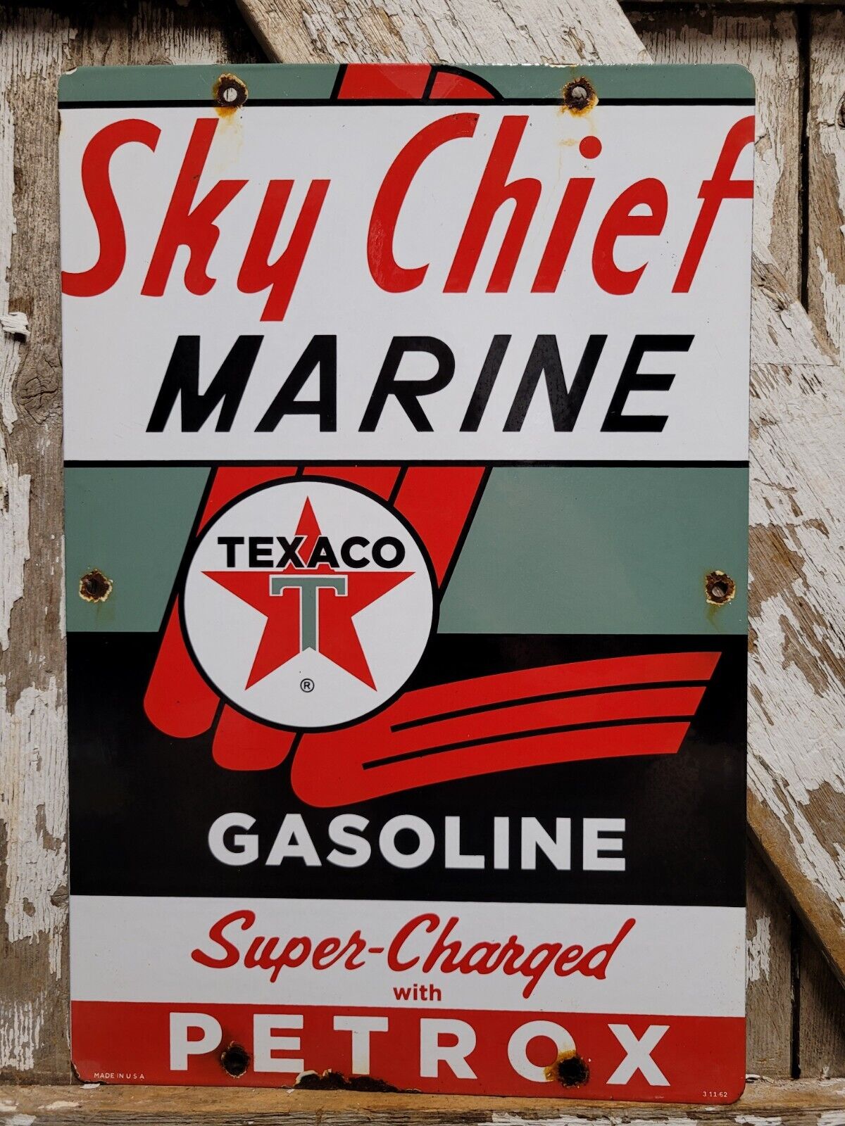 VINTAGE 62 TEXACO PORCELAIN SIGN SKY CHIEF PETROX MOTOR OIL GAS STATION SERVICE