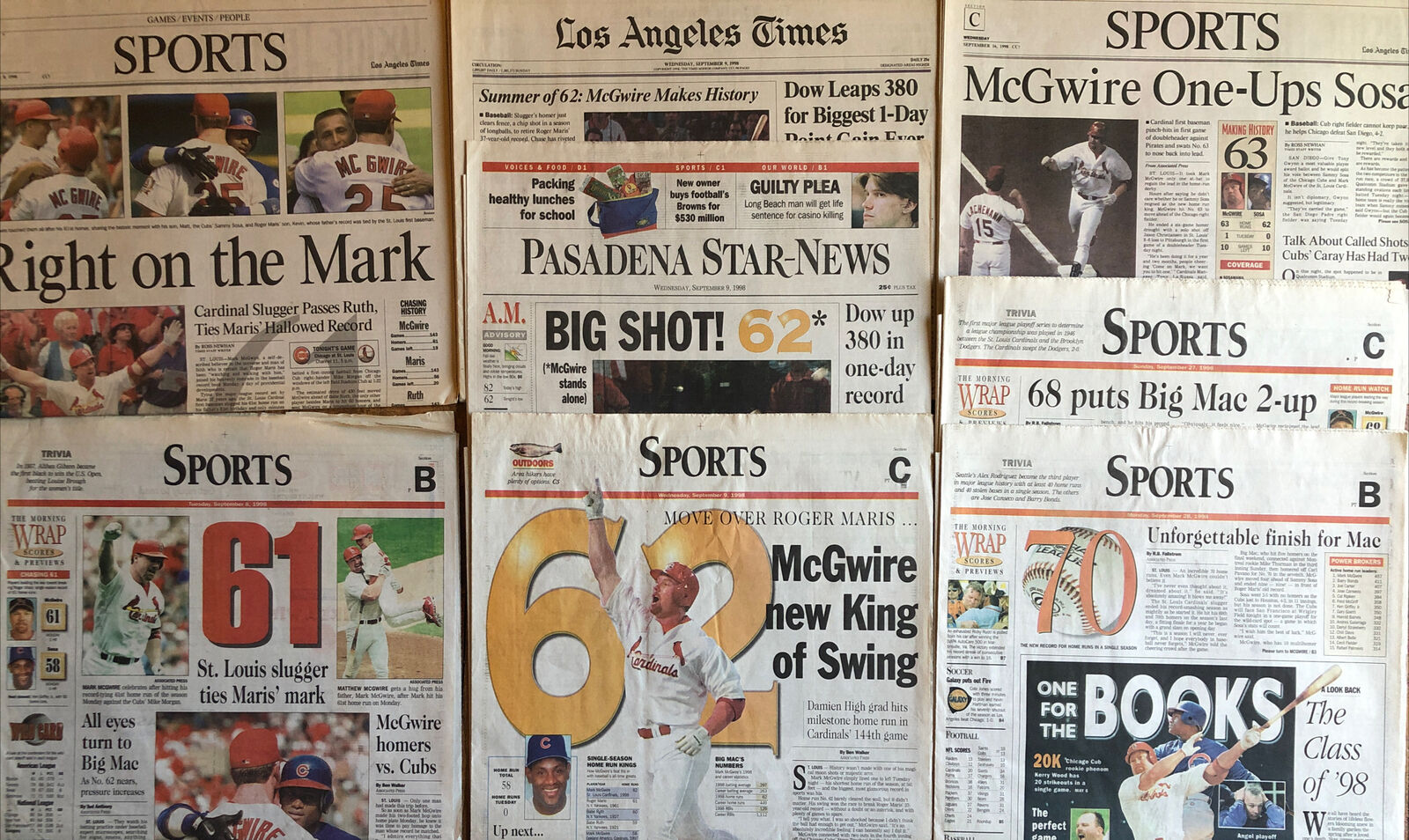 Mark McGwire 70 HR Record Lot of 9 Newspapers Sept 8-28, 1998 St Louis Cardinals