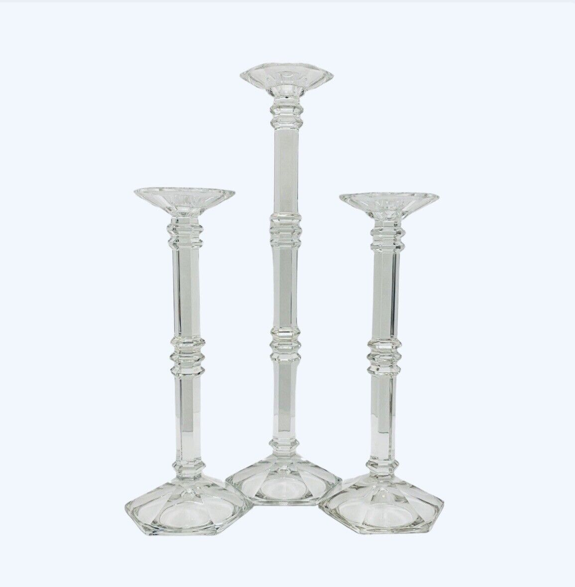 Vintage Set Of 3 Crystal Pillar Candlestick Holders Heavy Stunning