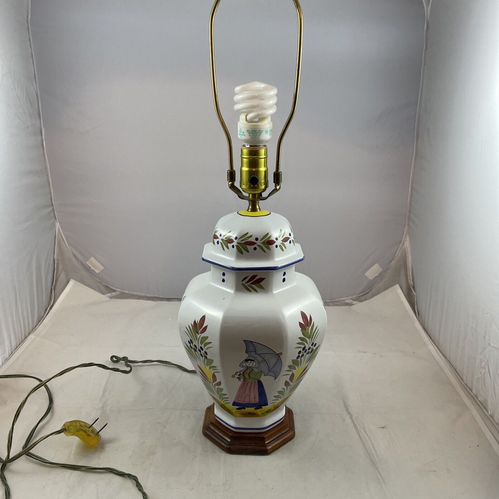 Vintage Faience Hand-painted Large Ceramic Lamp from Quimper, France