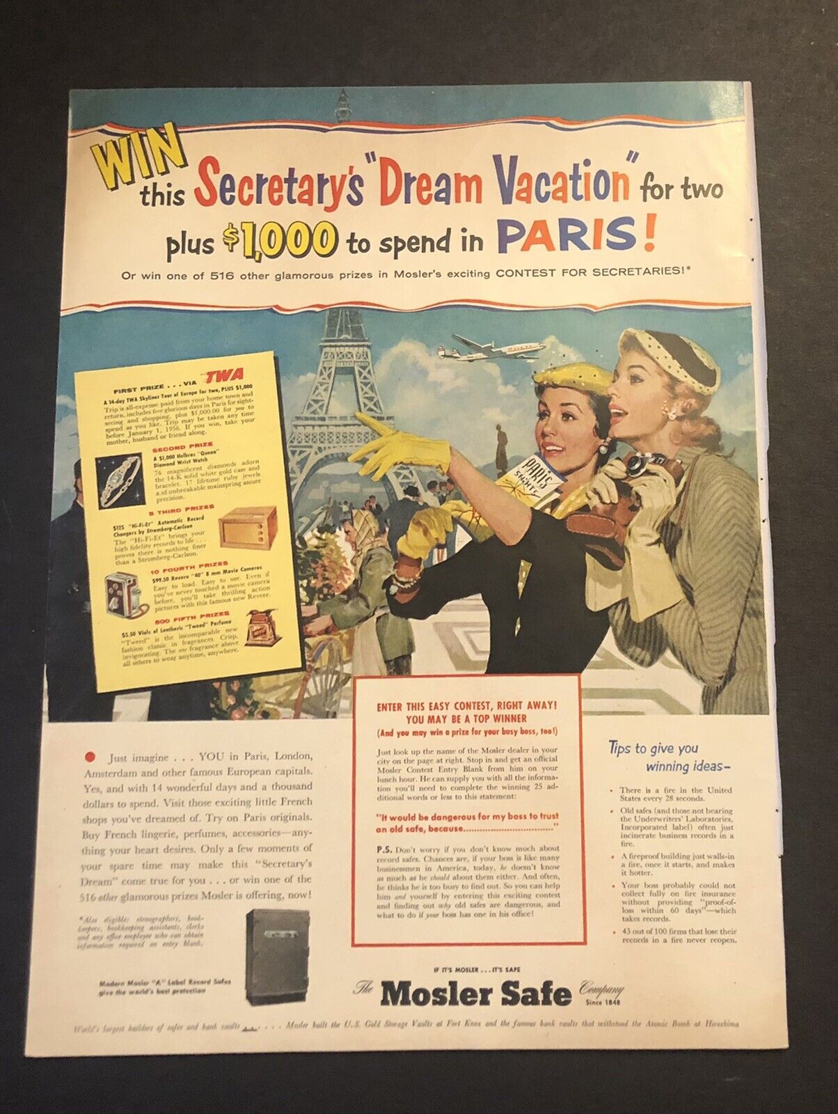 1950’s Mosler Safe “Win A Trip To Paris” Contest Magazine Ad