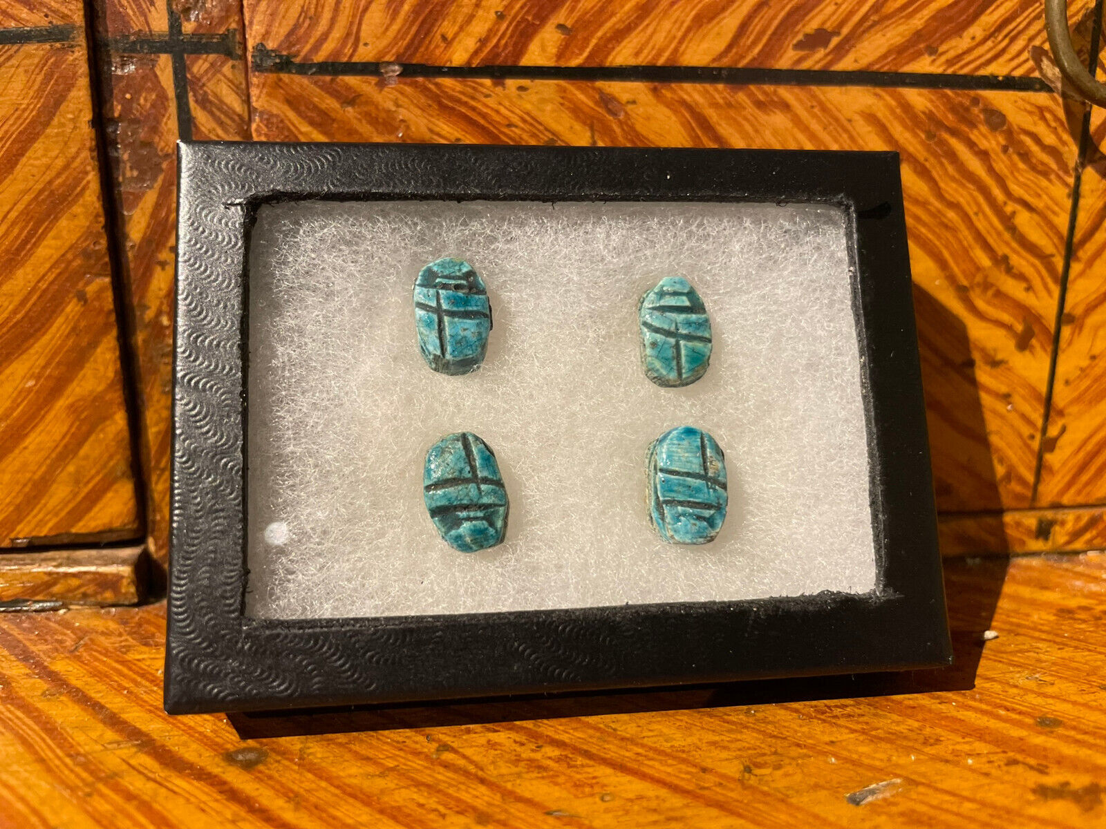 4 ANCIENT EGYPTIAN TURQUOISE GLAZED FAIENCE SCARABS 600 - 300 B.C  ESTATE FOUND
