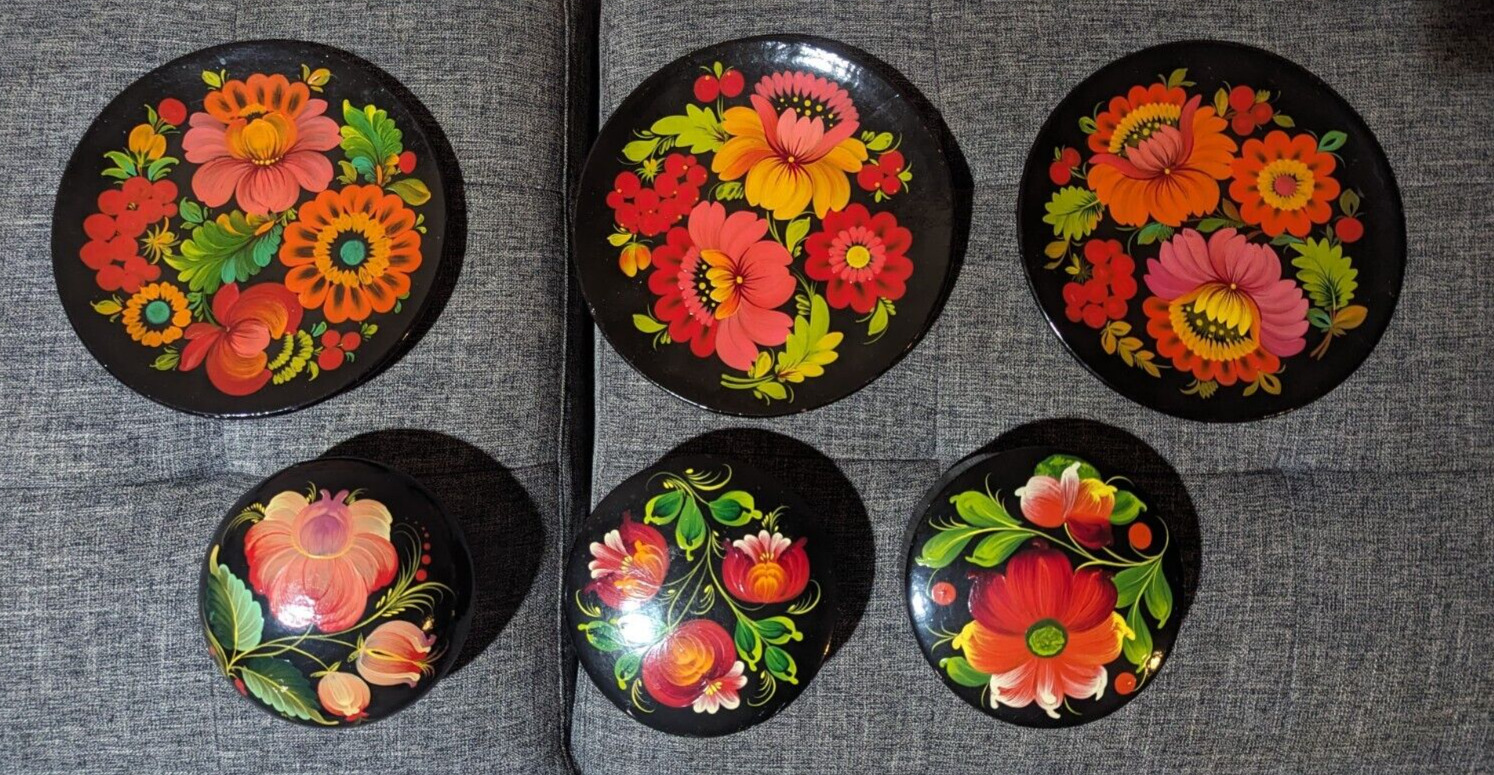 Rare Vintage Soviet 6-piece Hand-Painted floral Wood plates & jewelry boxes USSR