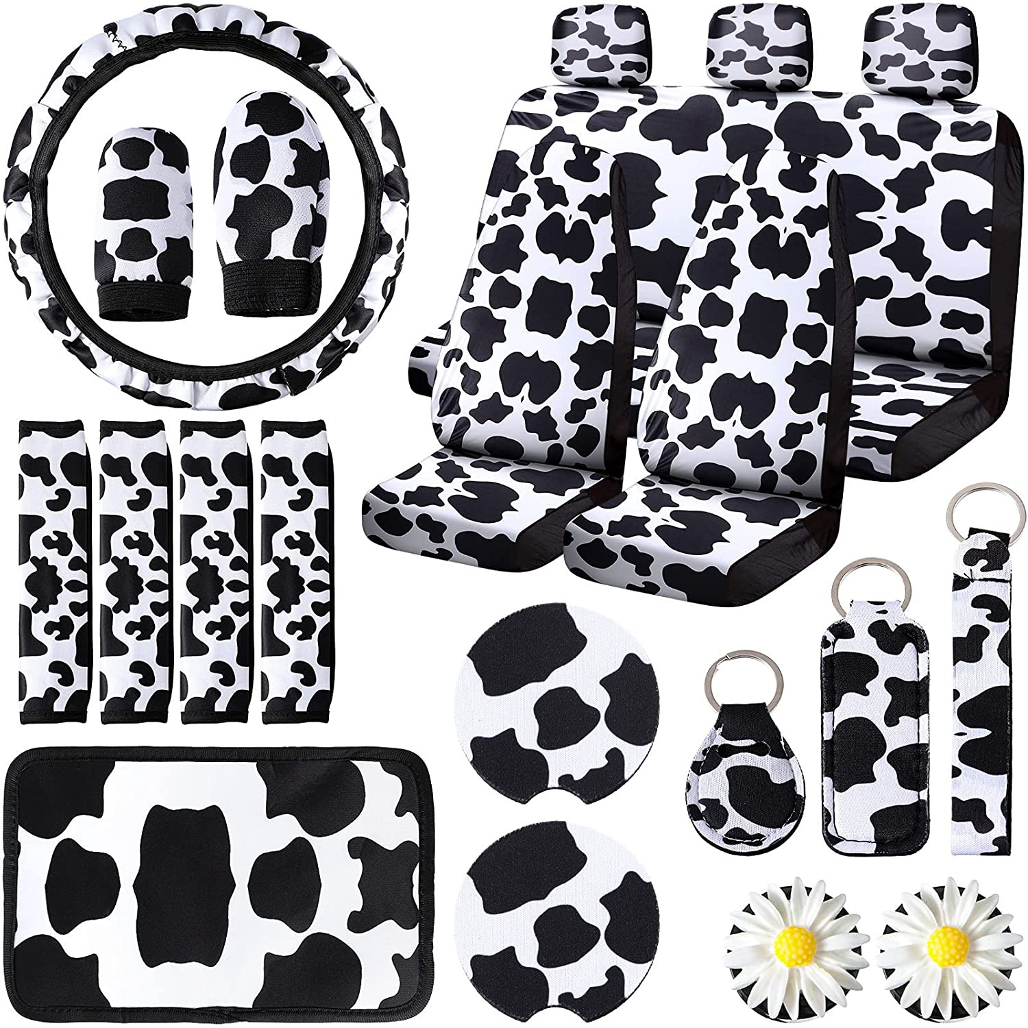22 Pieces Cow Print Car Accessories Set Cow Car Seat Cover Steering Wheel Cover 