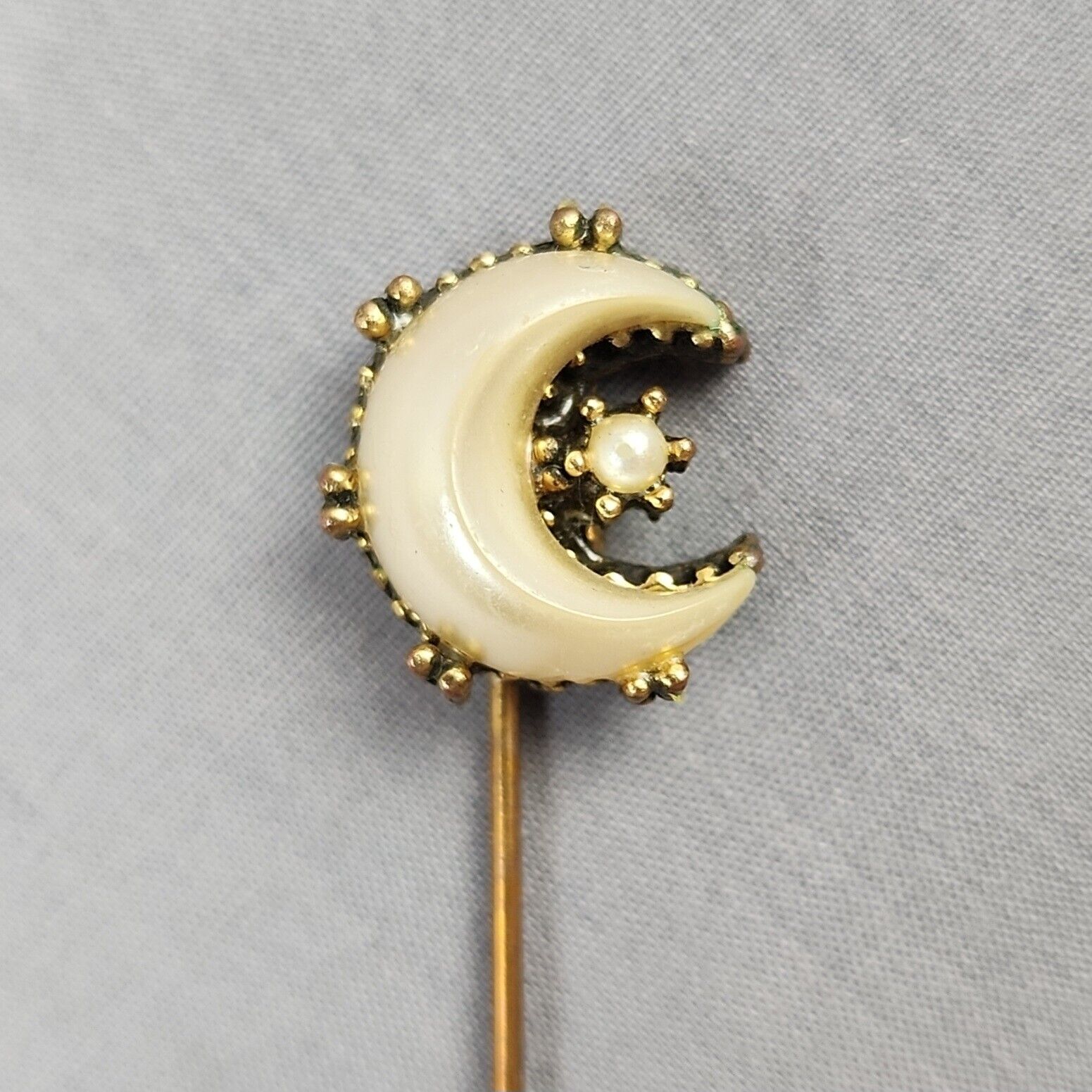 Vintage Faux Pearl Half Moon Long Stick or Hat Pin 5 inch Gold Tone