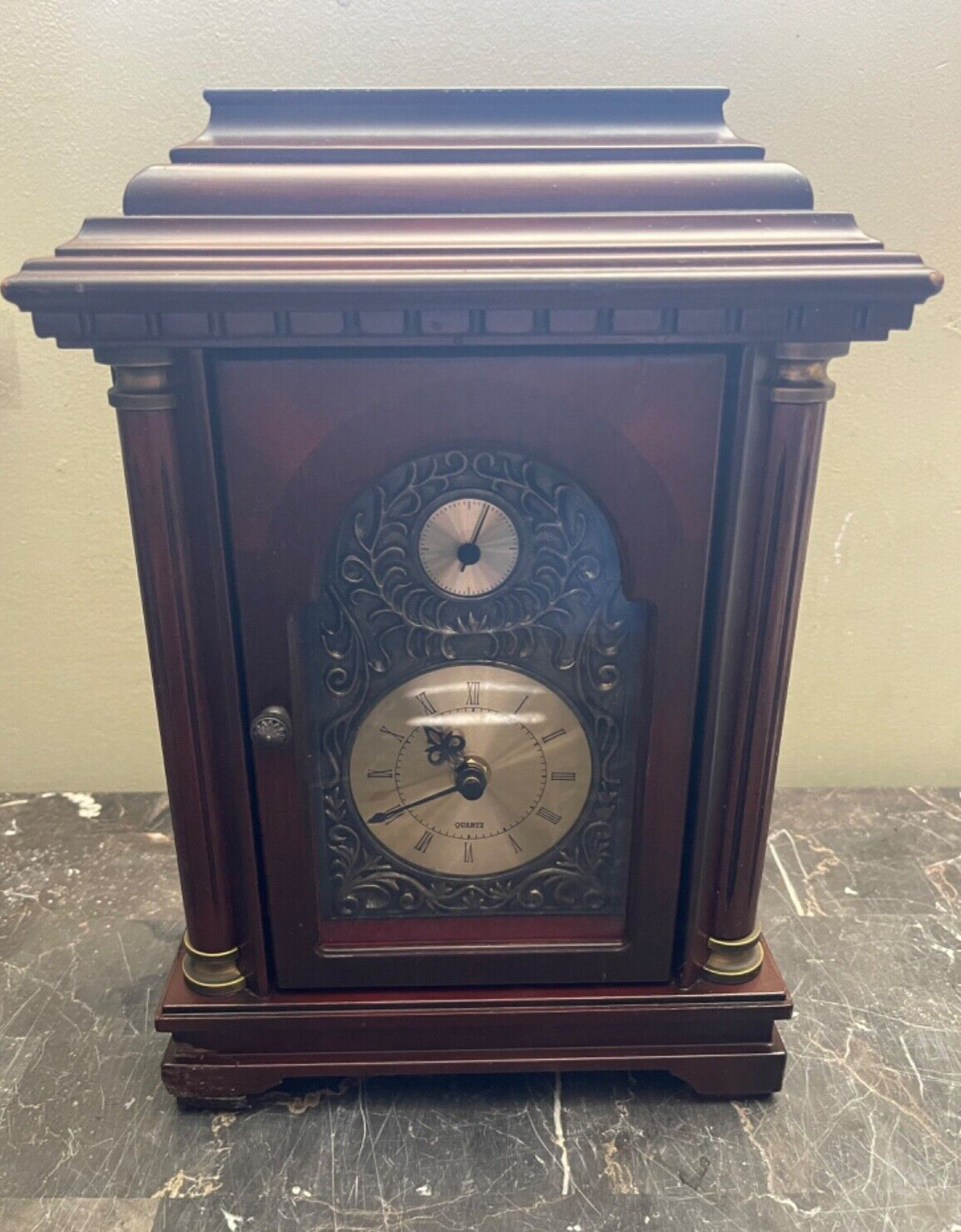 Vintage Bombay Company 2006 Solid Wood Mantle Clock with Separate Seconds Dial.