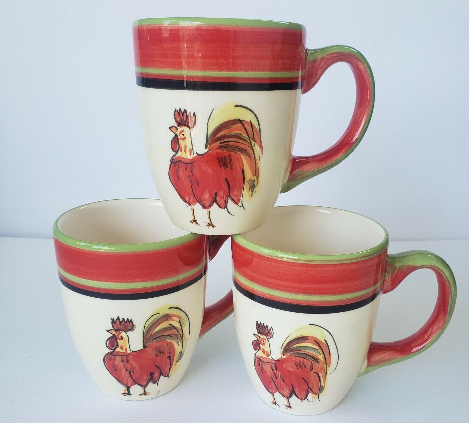 Set of 3 Tabletops Gallery Colorful Rooster Chicken Ceramic 12 oz Mug Cups 