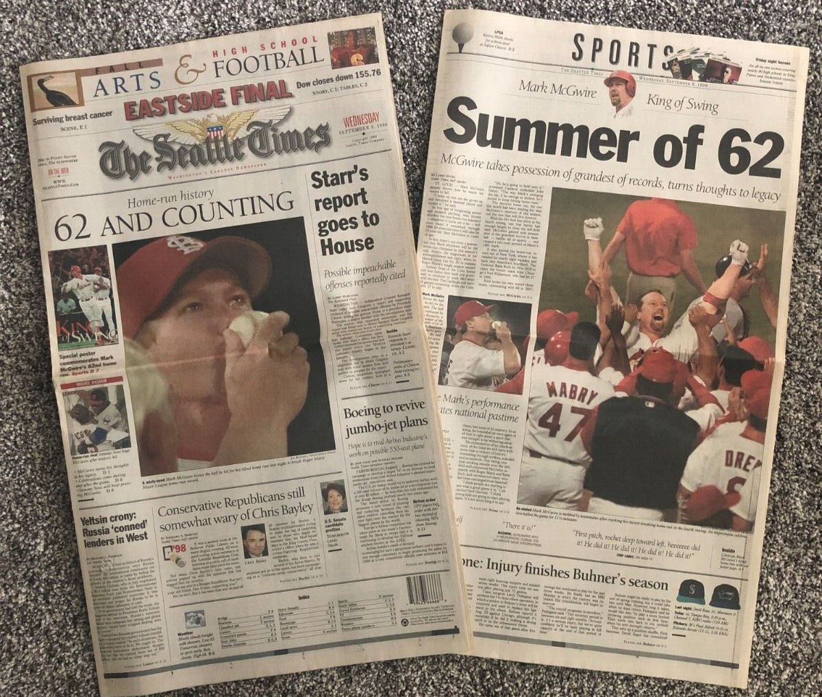 1998 Mark McGwire Hits Home Run #62 The Seattle Times Newspaper