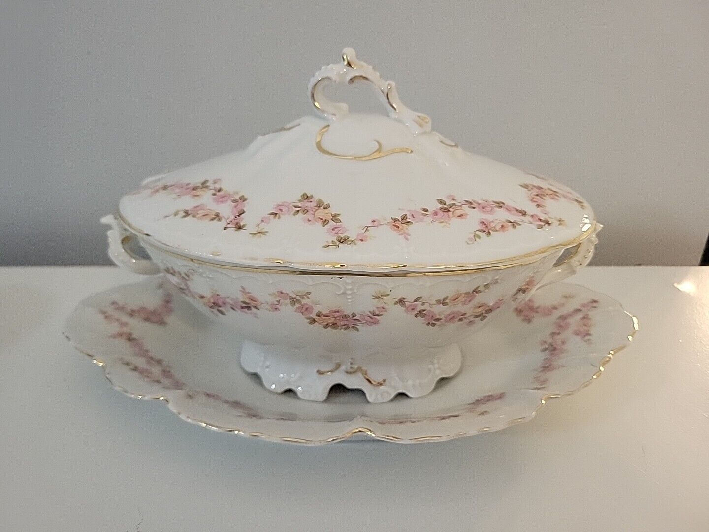 Antique Habsburg China Austrian Large Soup Tureen Platter Pink Floral