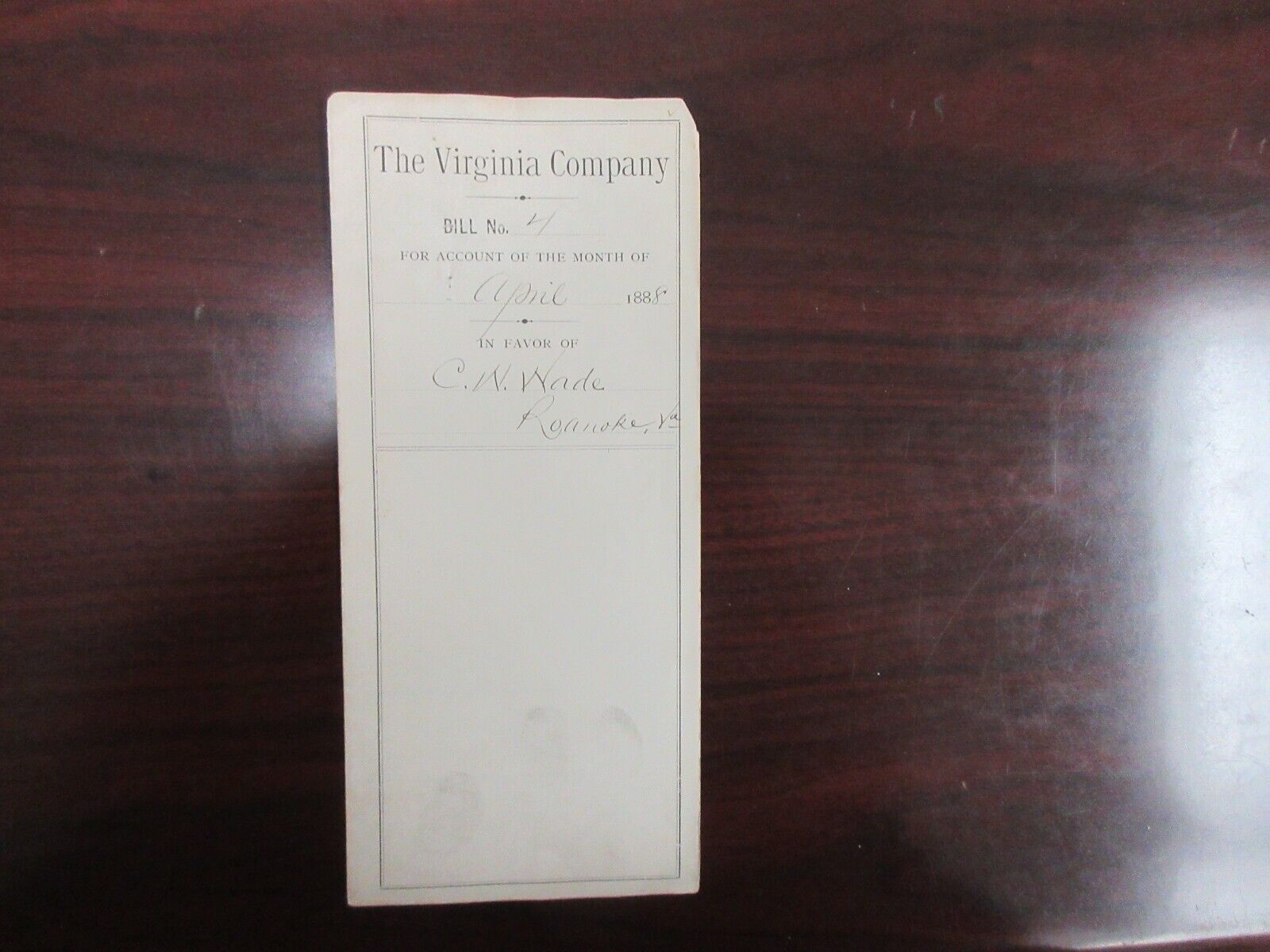 1888 Virginia Company Bill / Invoice Ephemera - RB2465