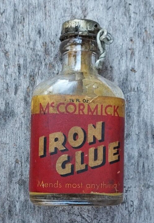 Old Empty Advertising Bottle McCormick IRON GLUE Original Paper Label Lock Cap
