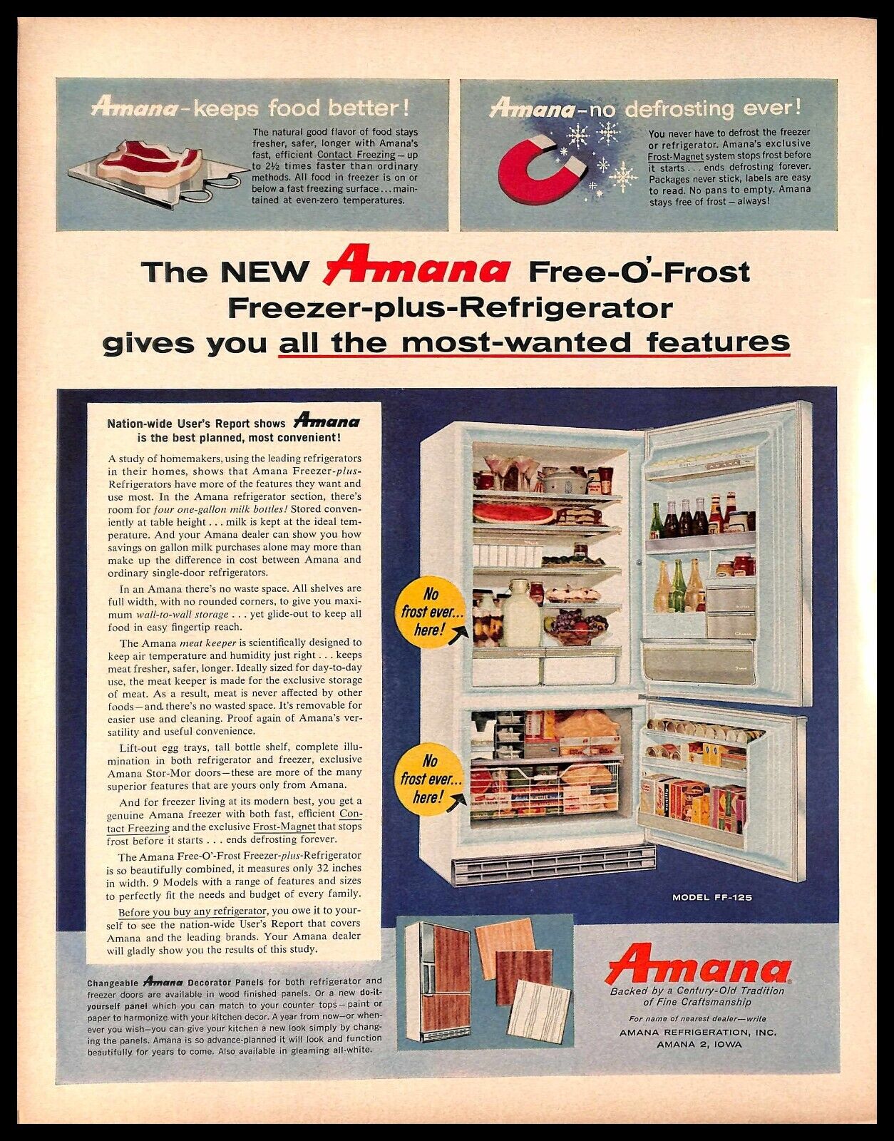 1961 Amana Free-O-Frost Refrigerator Vintage PRINT AD Freezer Kitchen