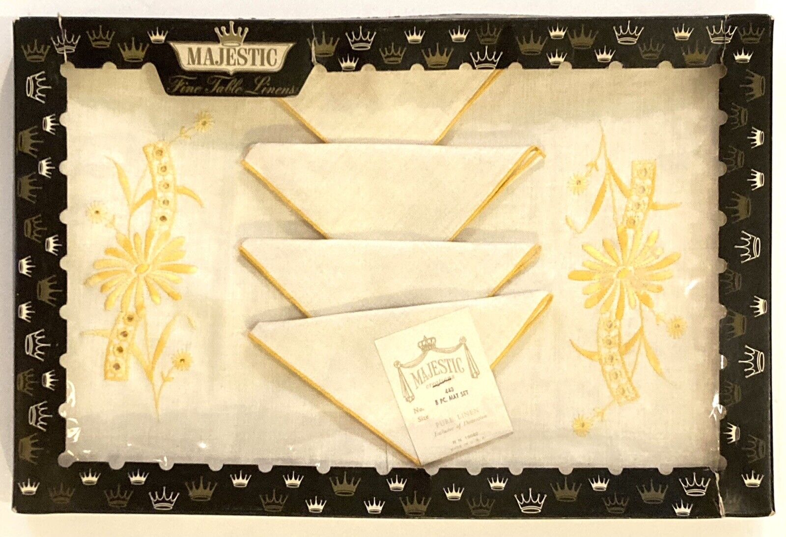 NOS Vintage Magestic Linen Placemat & Napkin Set Of 8 Yellow Daisy Design Boxed