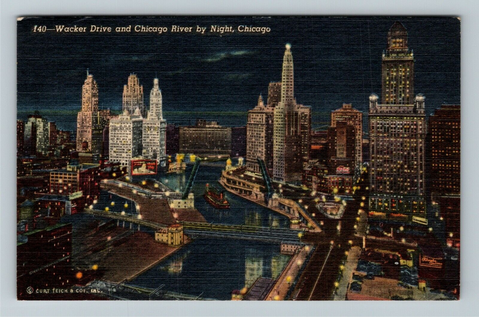 Chicago IL-Illinois Wacker Drive Chicago River Night  Vintage Souvenir Postcard