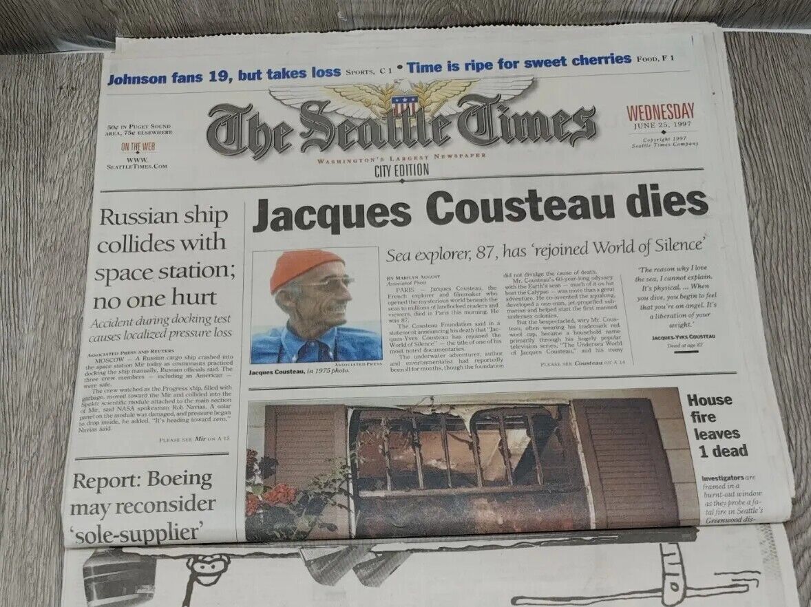 Seattle times Newspaper 1997 Jacque Cousteau & Mariners Randy Johnson 
