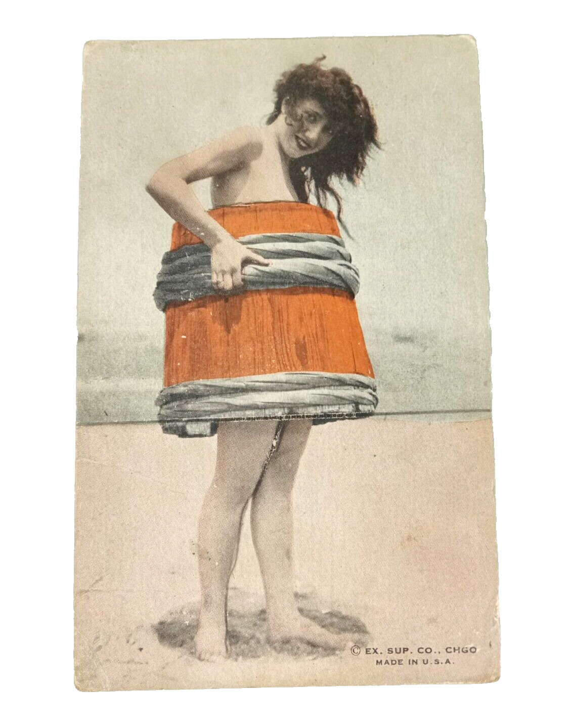 1920s Exhibit Supply Co Risque GIRL WEARING BARREL Arcade Photo Card Roaring 20s