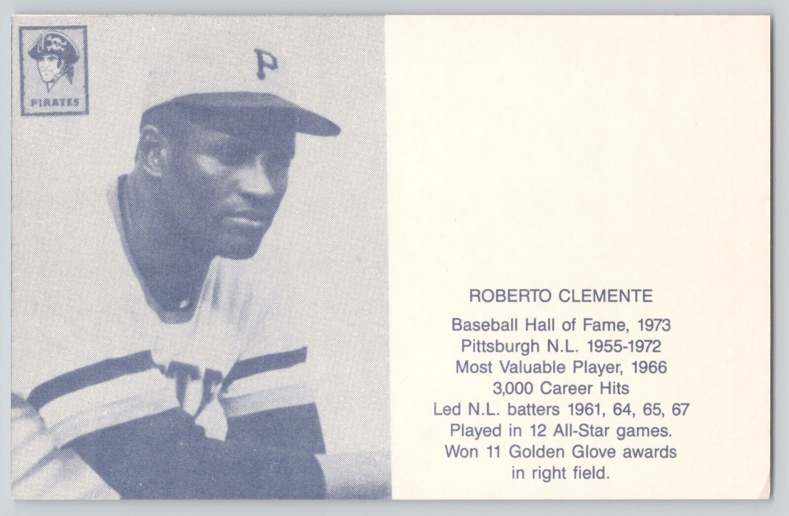 Postcard Baseball Roberto Clemente Pittsburgh Pirates 1973 Vintage Unposted