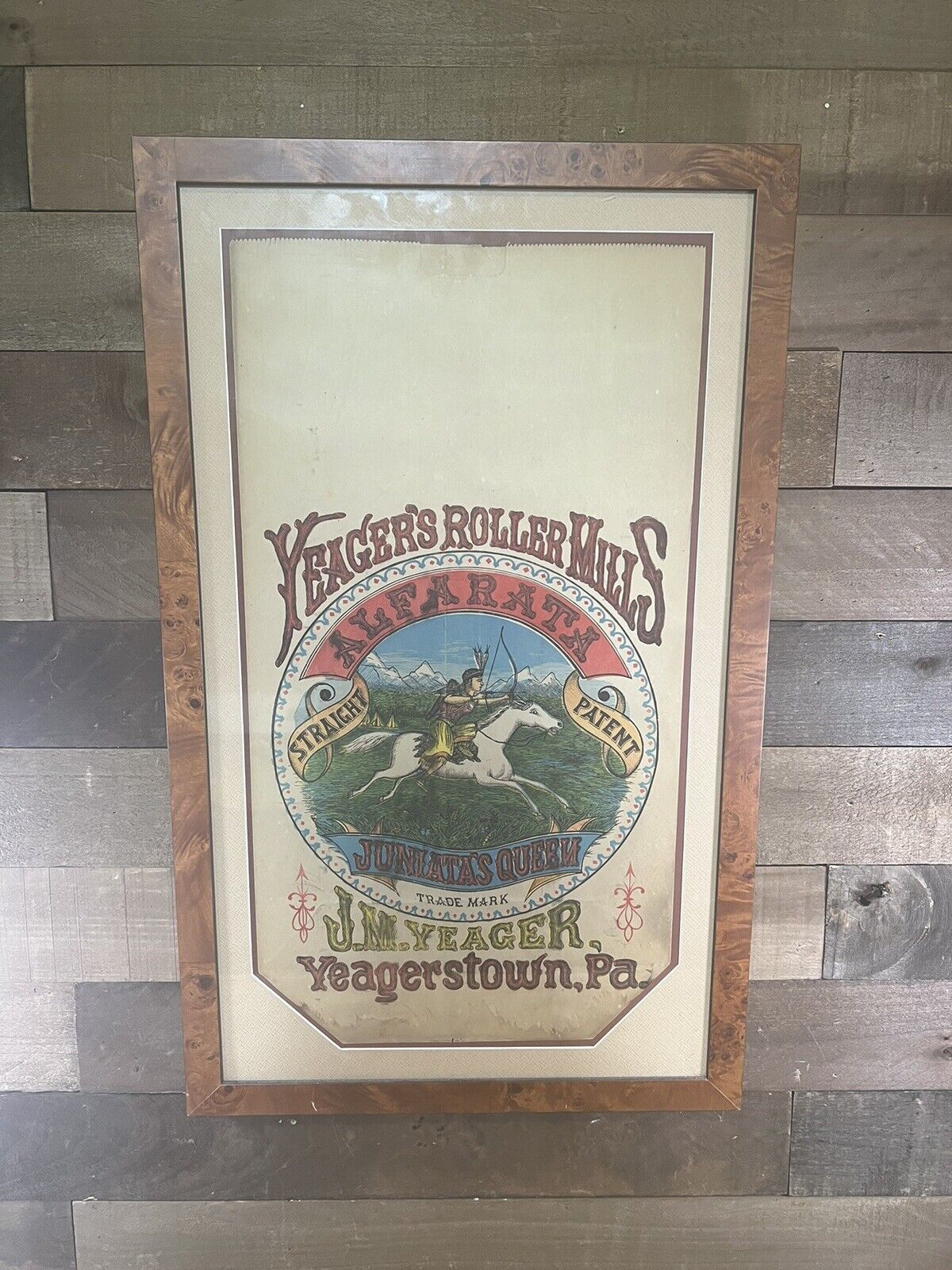 Vintage Yeager’s Roller Mills Native American Logo Flour Bag Framed 