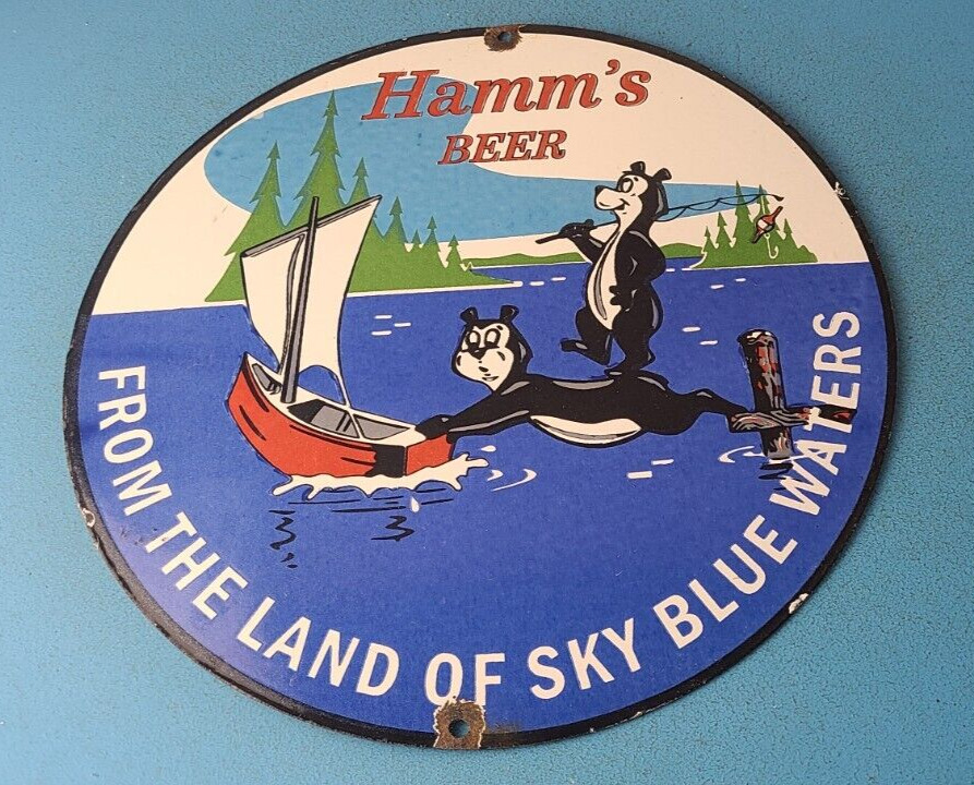 Vintage Hamms Beer Sign - Alcohol Brewery Bear Blue Water Pump Porcelain Sign