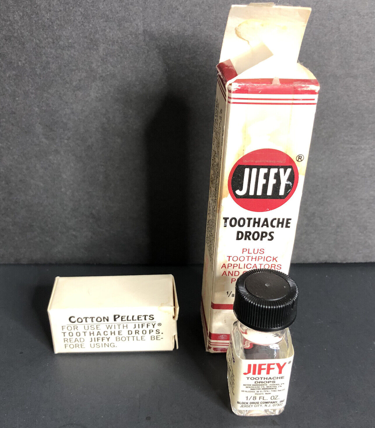 Vintage Jiffy Toothache Drops Medicine Bottle with Box and Cotton Pellets EMPTY