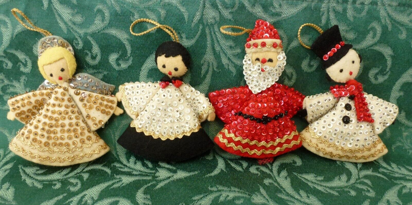 Vtg Felt Christmas Ornaments Handmade 4 Santa Angel Snowman Choir Singer Sequins