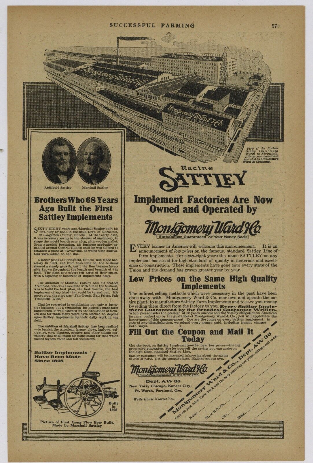 1917 Montgomery Ward Ad: Sattley Implement Factory Pic - Springfield, Illinois