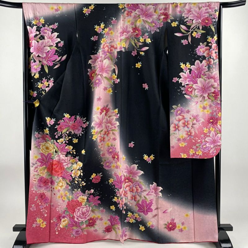 65.9inc Japanese Kimono SILK FURISODE Peony Lily Black