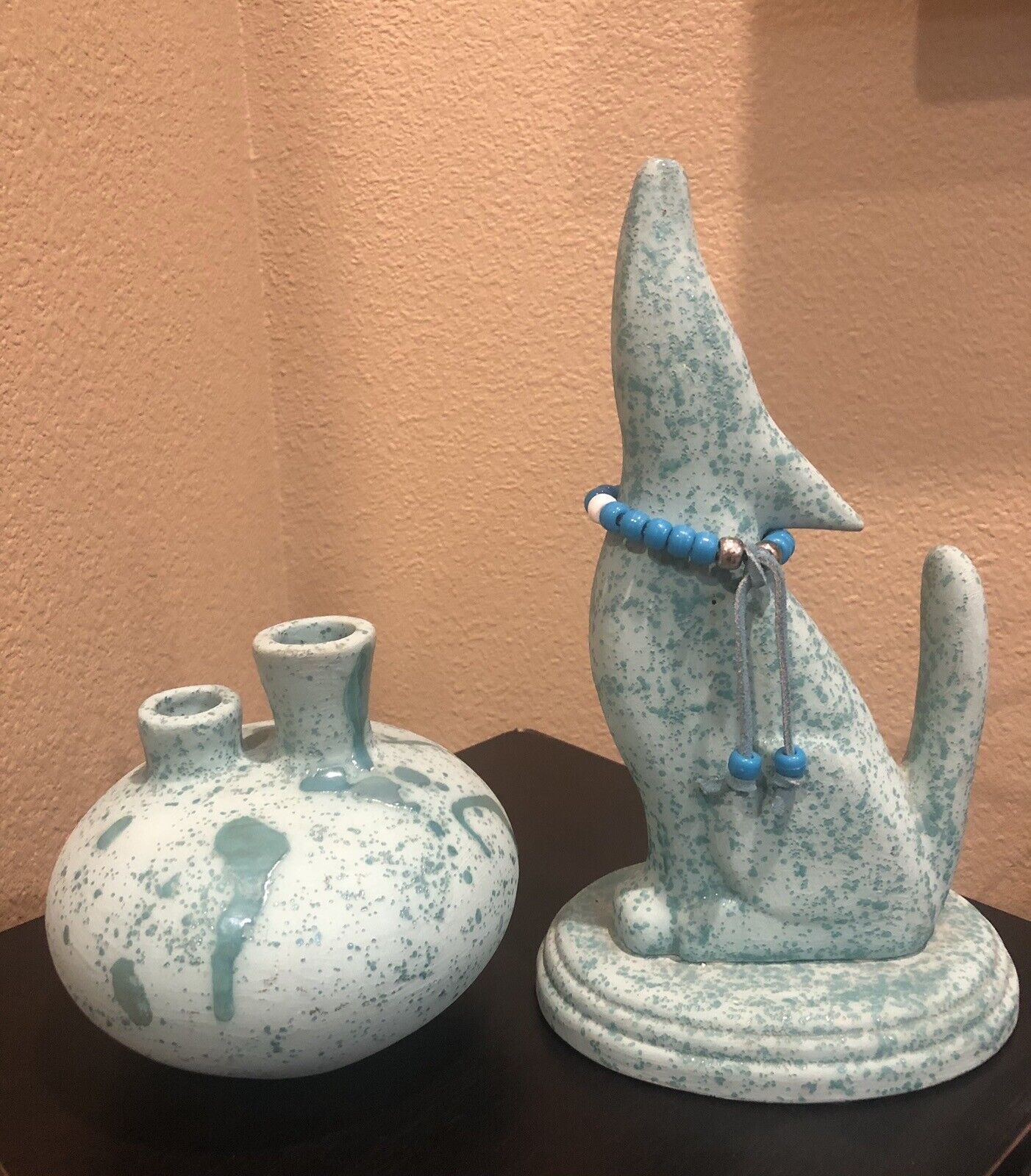 Native American Southwestern Art Pottery  Coyote and Vase Set Signed By Artisan