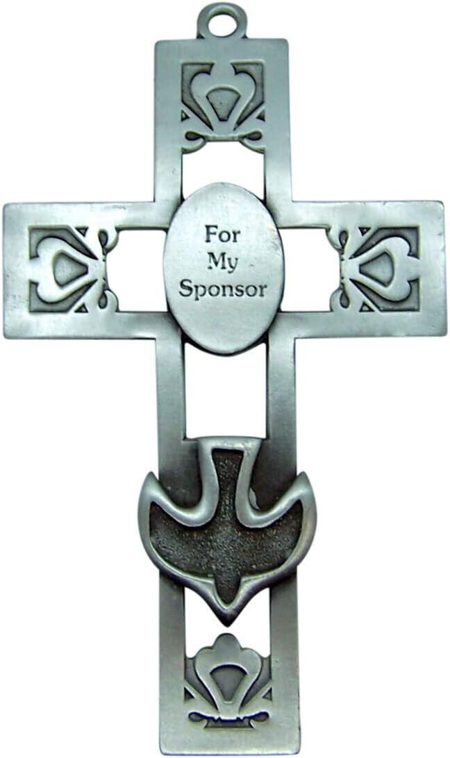 Silver Toned Pewter Hanging Wall Cross 'For My Sponsor,' Religious Home Decor