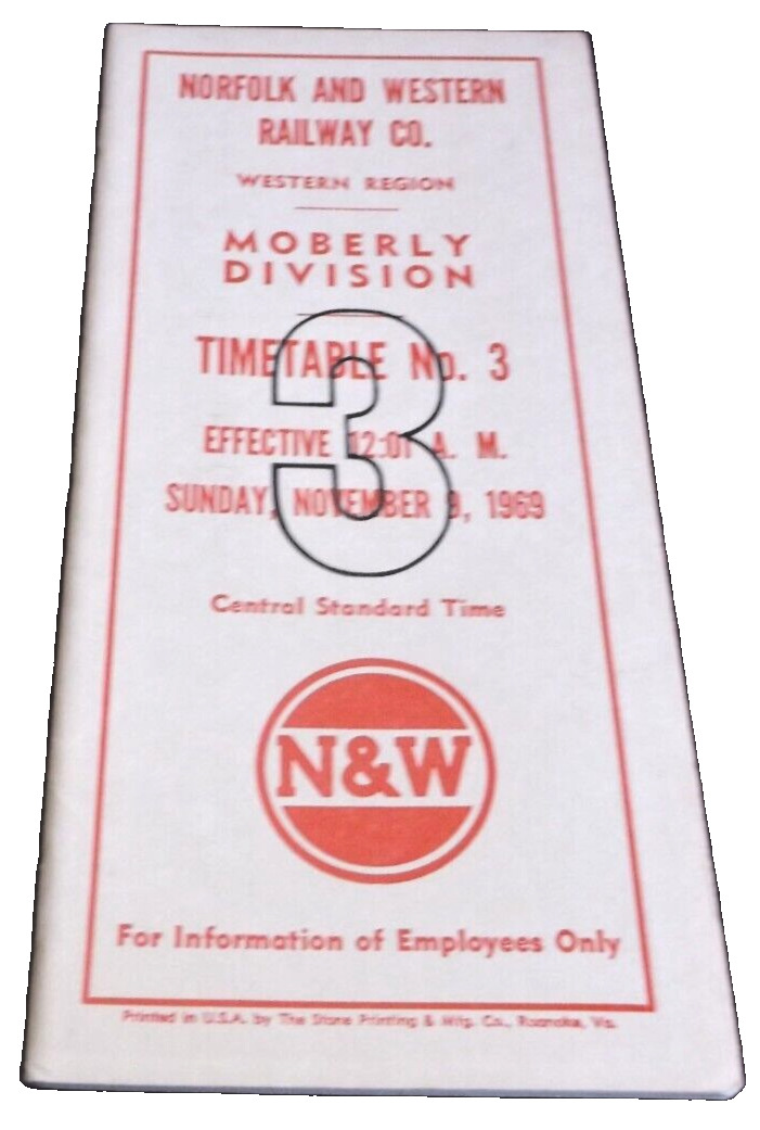NOVEMBER 1969 NORFOLK & WESTERN N&W MOBERLY DIVISION EMPLOYEE TIMETABLE #3
