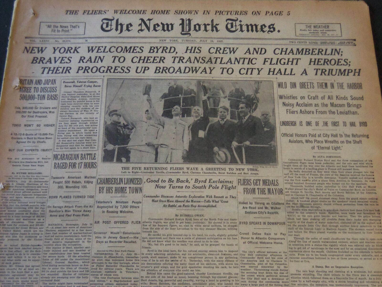 1927 JULY 19 NEW YORK TIMES - NEW YORK WELCOMES BYRD, CREW CHAMBERLAIN - NT 6477