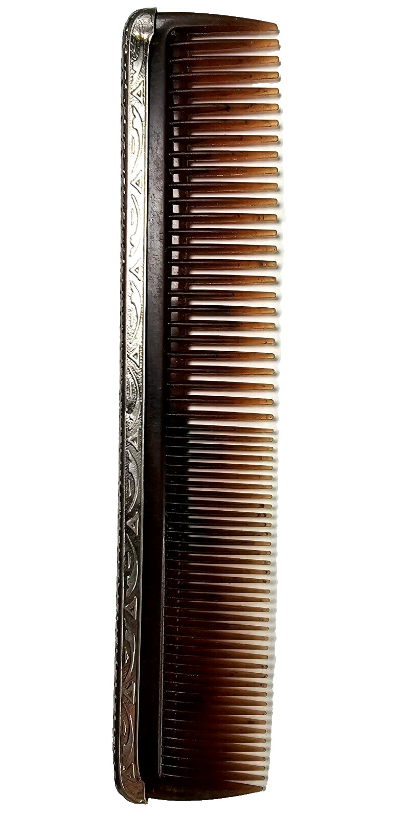 Antique Men\'s Comb Brown With Metal Trim Fancy Design Handle 7.25in