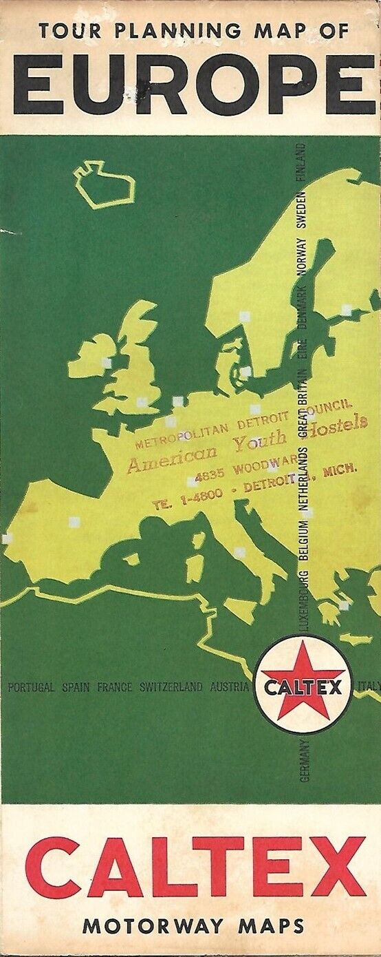 1963 CALTEX Youth Hostels Road Map EUROPE Germany Denmark United Kingdom France