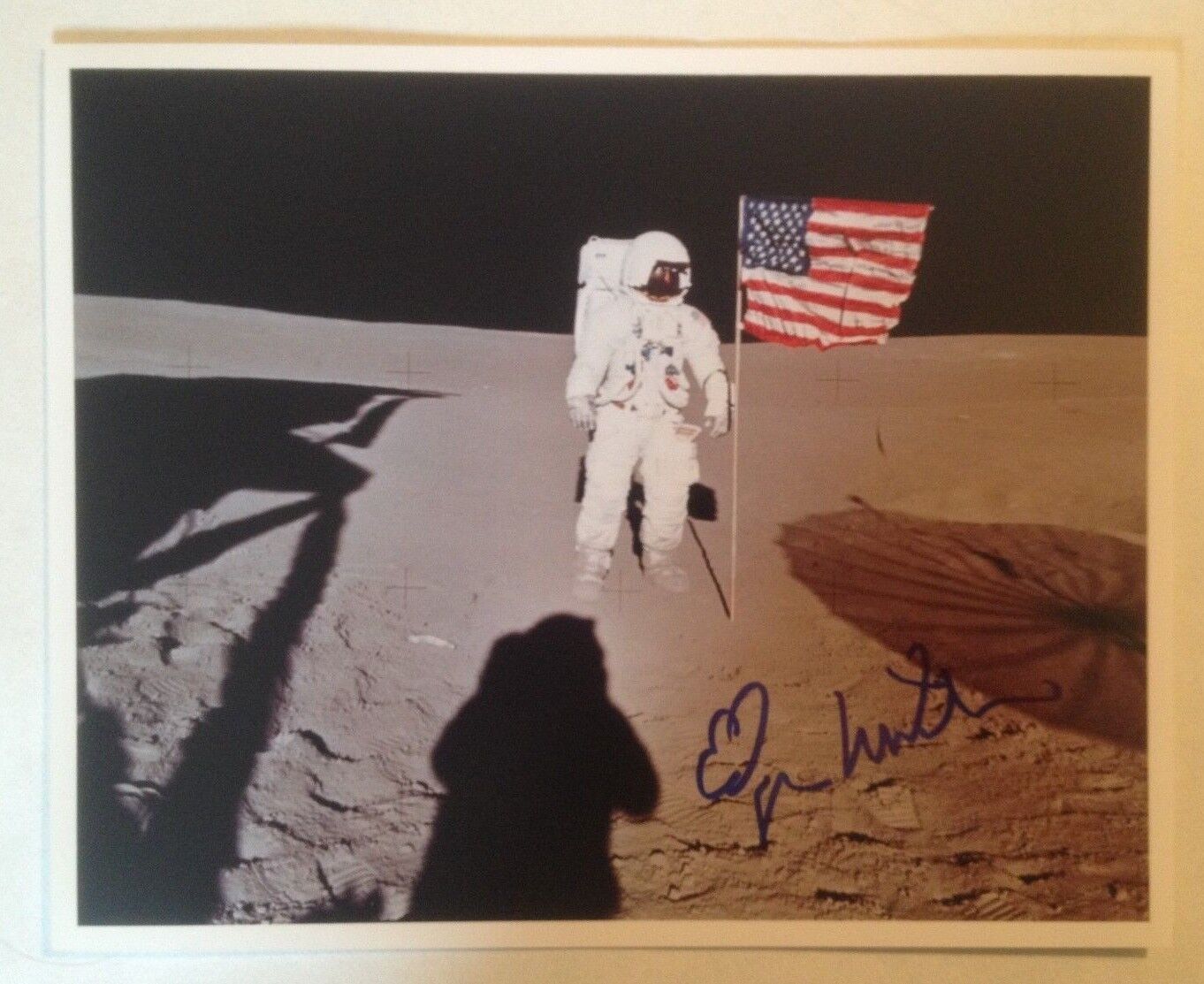 Astronaut Edgar Mitchell Signed Photograph on the Moon with Flag (Apollo 14)
